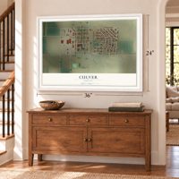 Culver, Oregon map, 24 x 36 inch print in a white frame above a dresser by a staircase