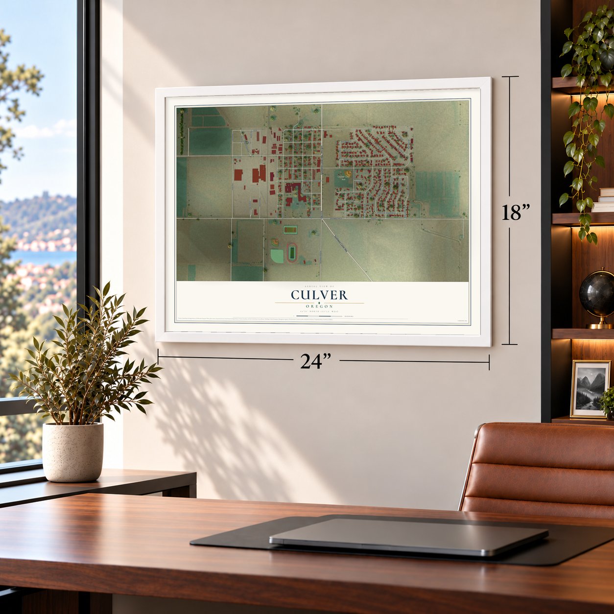 Culver, Oregon map, 18 x 24 inch print in a white frame in a home office