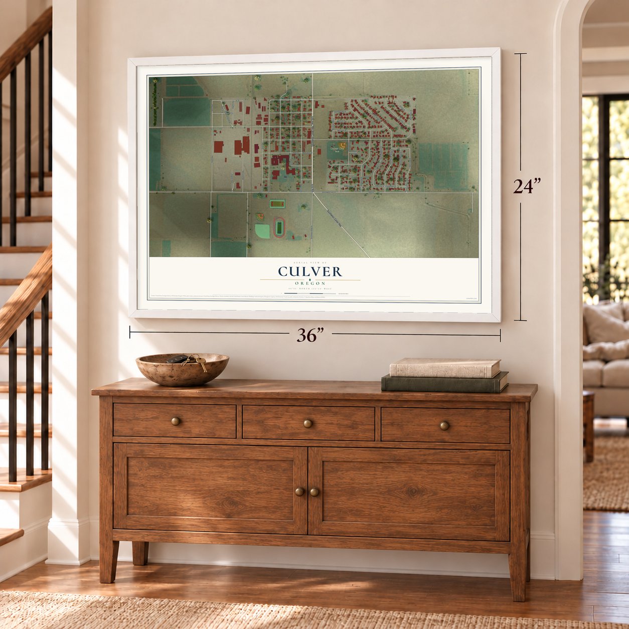 Culver, Oregon map, 24 x 36 inch print in a white frame above a dresser by a staircase