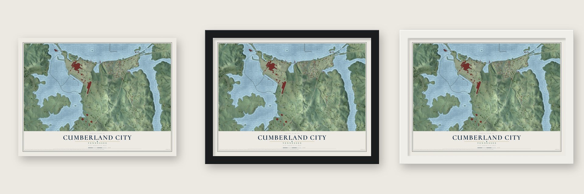 Cumberland City, Tennessee map unframed, in a black wood frame and in a white wood frame