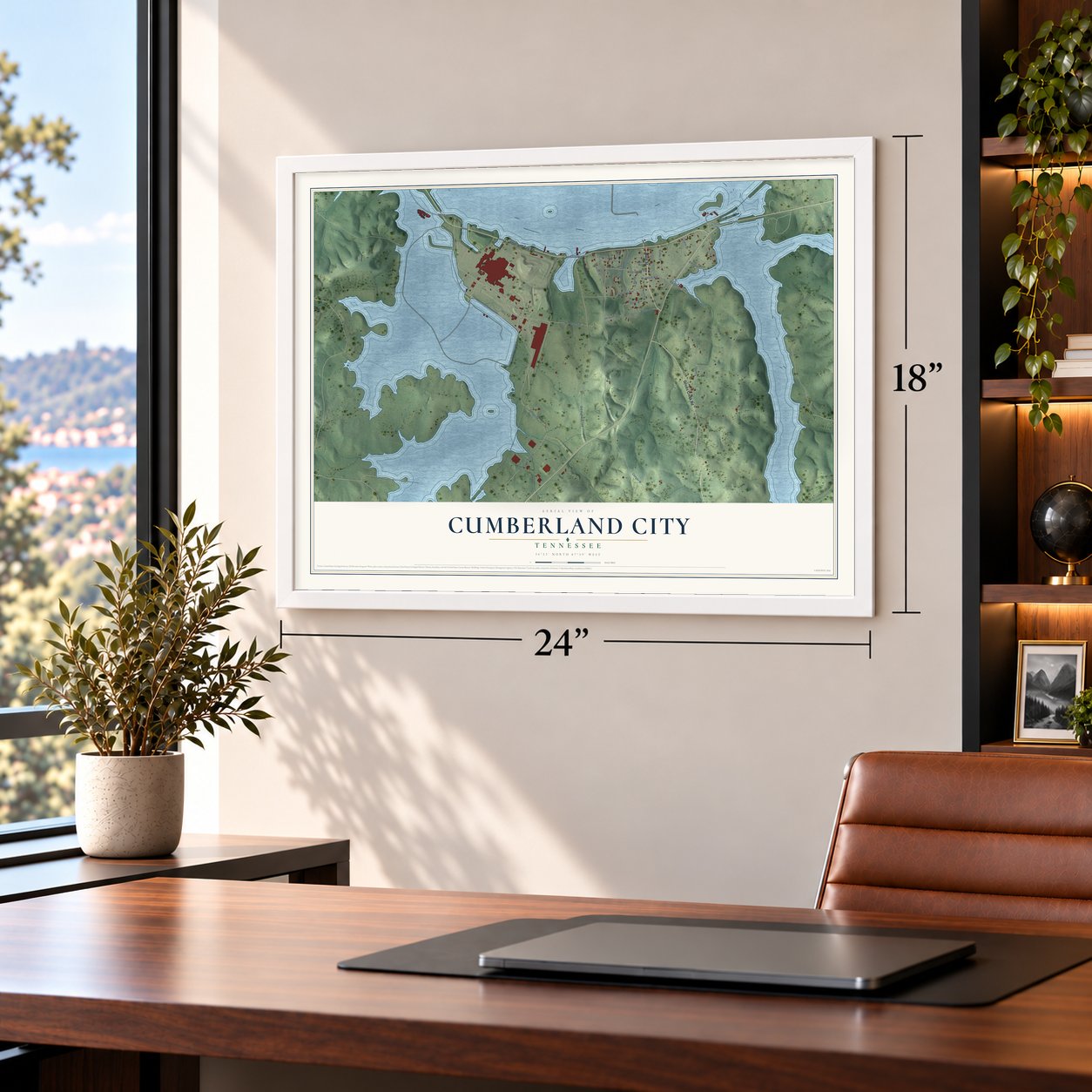 Cumberland City, Tennessee map, 18 x 24 inch print in a white frame in a home office