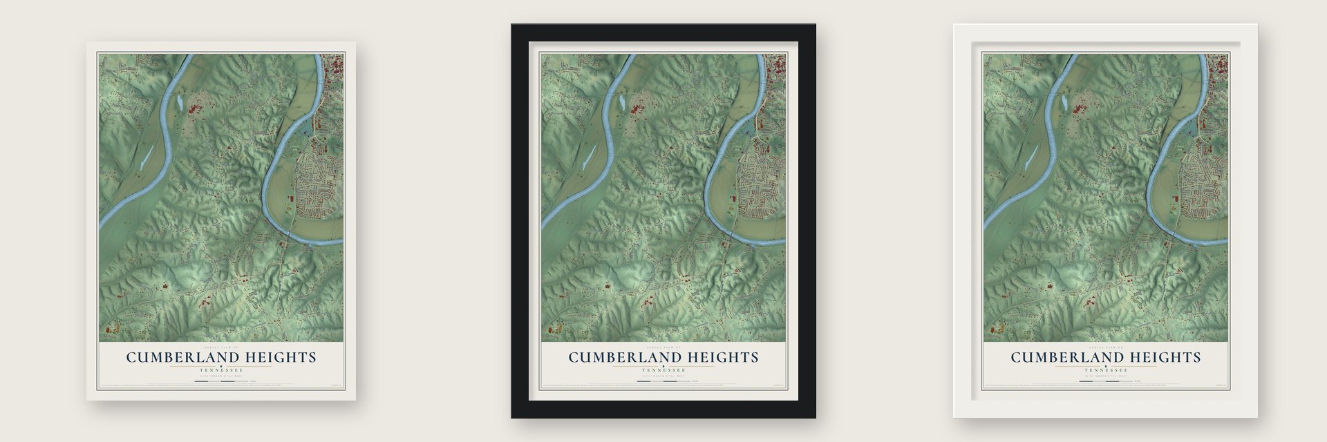 Cumberland Heights, Tennessee map unframed, in a black wood frame and in a white wood frame