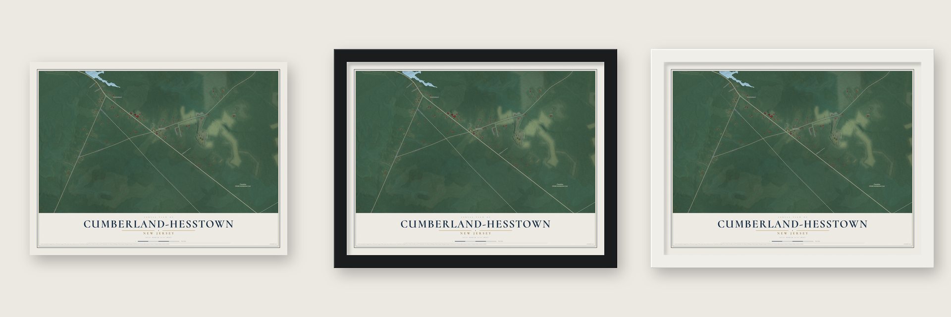 Cumberland-Hesstown, New Jersey map unframed, in a black wood frame and in a white wood frame