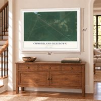 Cumberland-Hesstown, New Jersey map, 24 x 36 inch print in a white frame above a dresser by a staircase