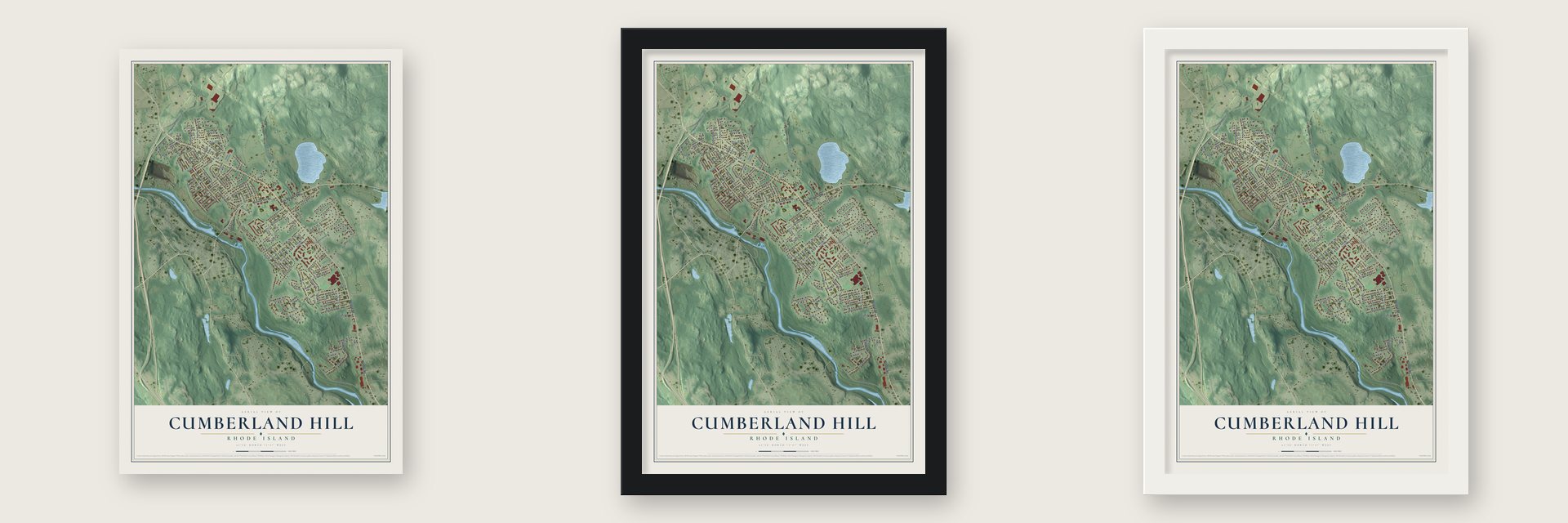 Cumberland Hill, Rhode Island map unframed, in a black wood frame and in a white wood frame