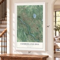 Cumberland Hill, Rhode Island map, 24 x 36 inch print in a white frame by a staircase