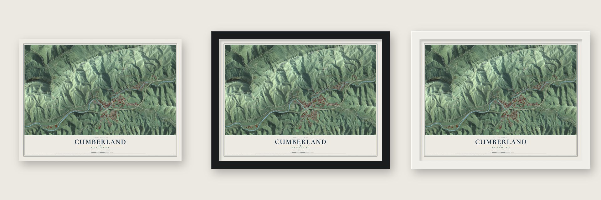 Cumberland, Kentucky map unframed, in a black wood frame and in a white wood frame