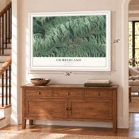 Cumberland, Kentucky map, 24 x 36 inch print in a white frame above a dresser by a staircase