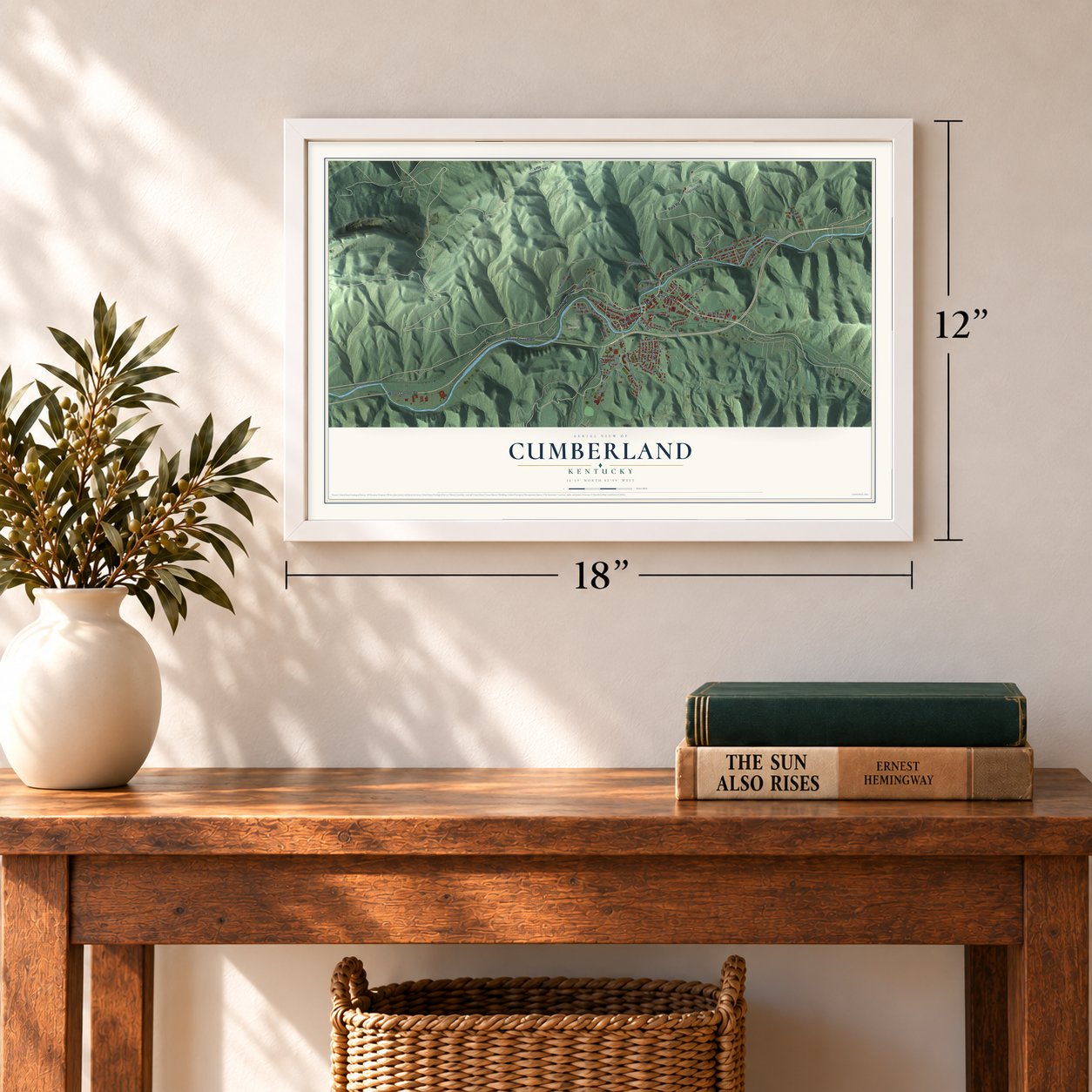Cumberland, Kentucky map, 12 x 18 inch print in a white frame in an entryway