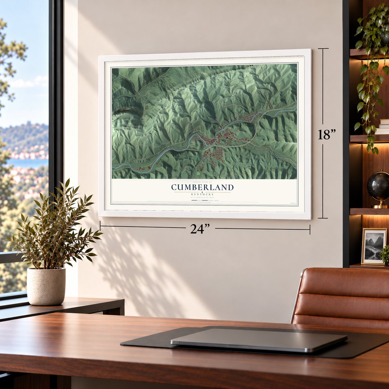 Cumberland, Kentucky map, 18 x 24 inch print in a white frame in a home office