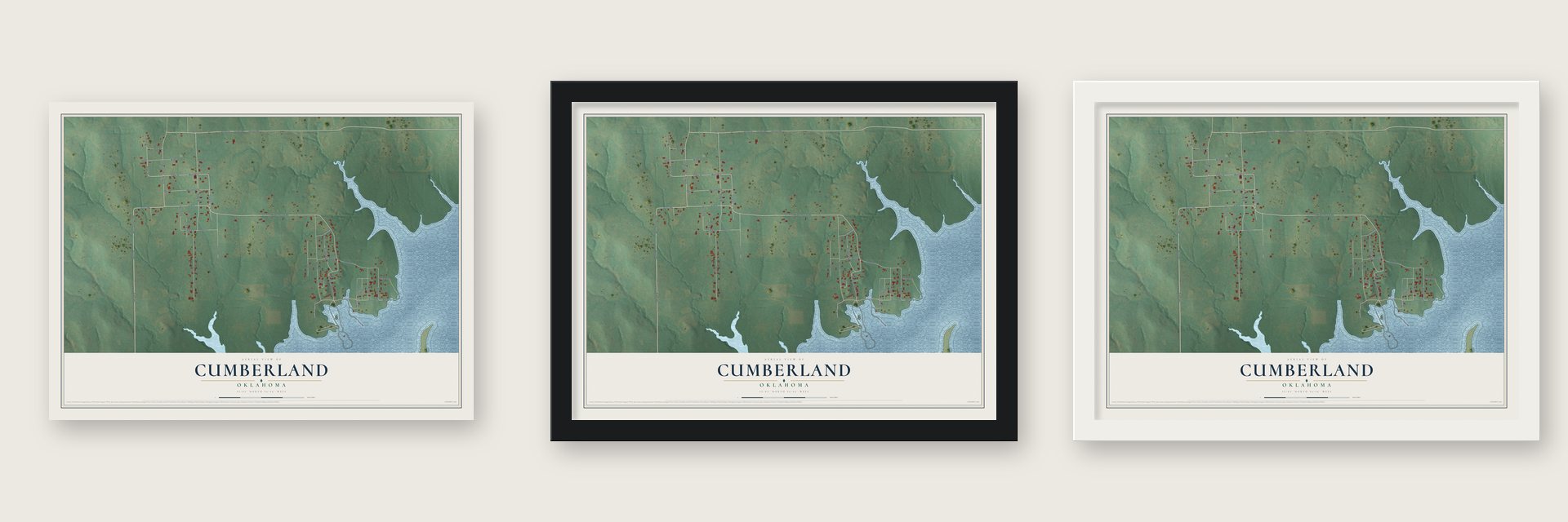 Cumberland, Oklahoma map unframed, in a black wood frame and in a white wood frame