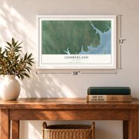 Cumberland, Oklahoma map, 12 x 18 inch print in a white frame in an entryway