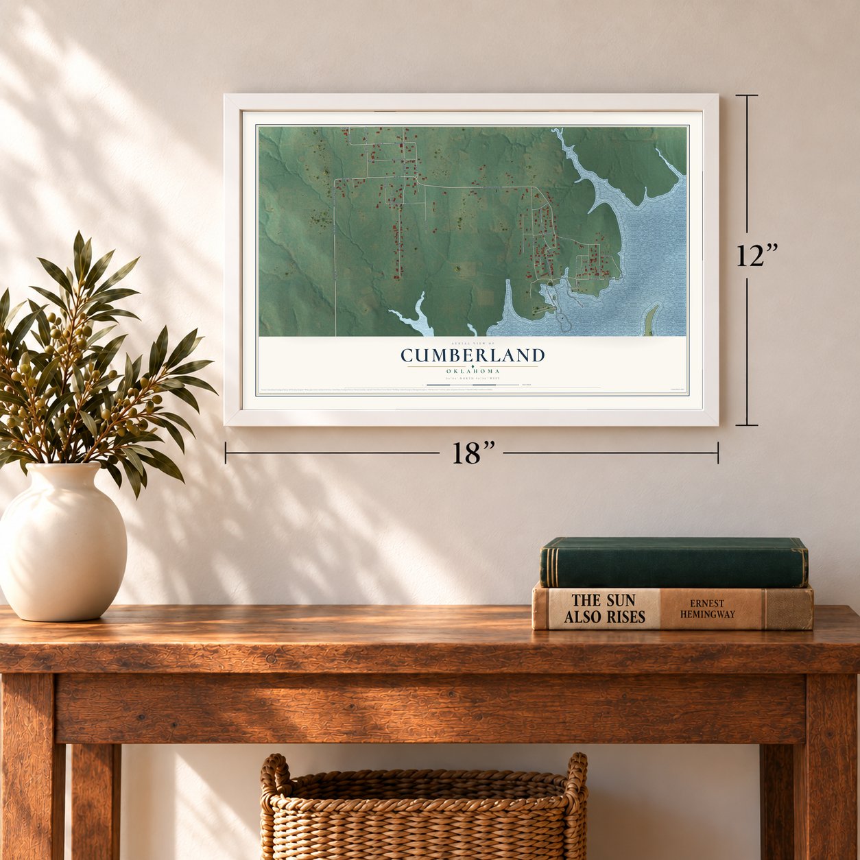 Cumberland, Oklahoma map, 12 x 18 inch print in a white frame in an entryway