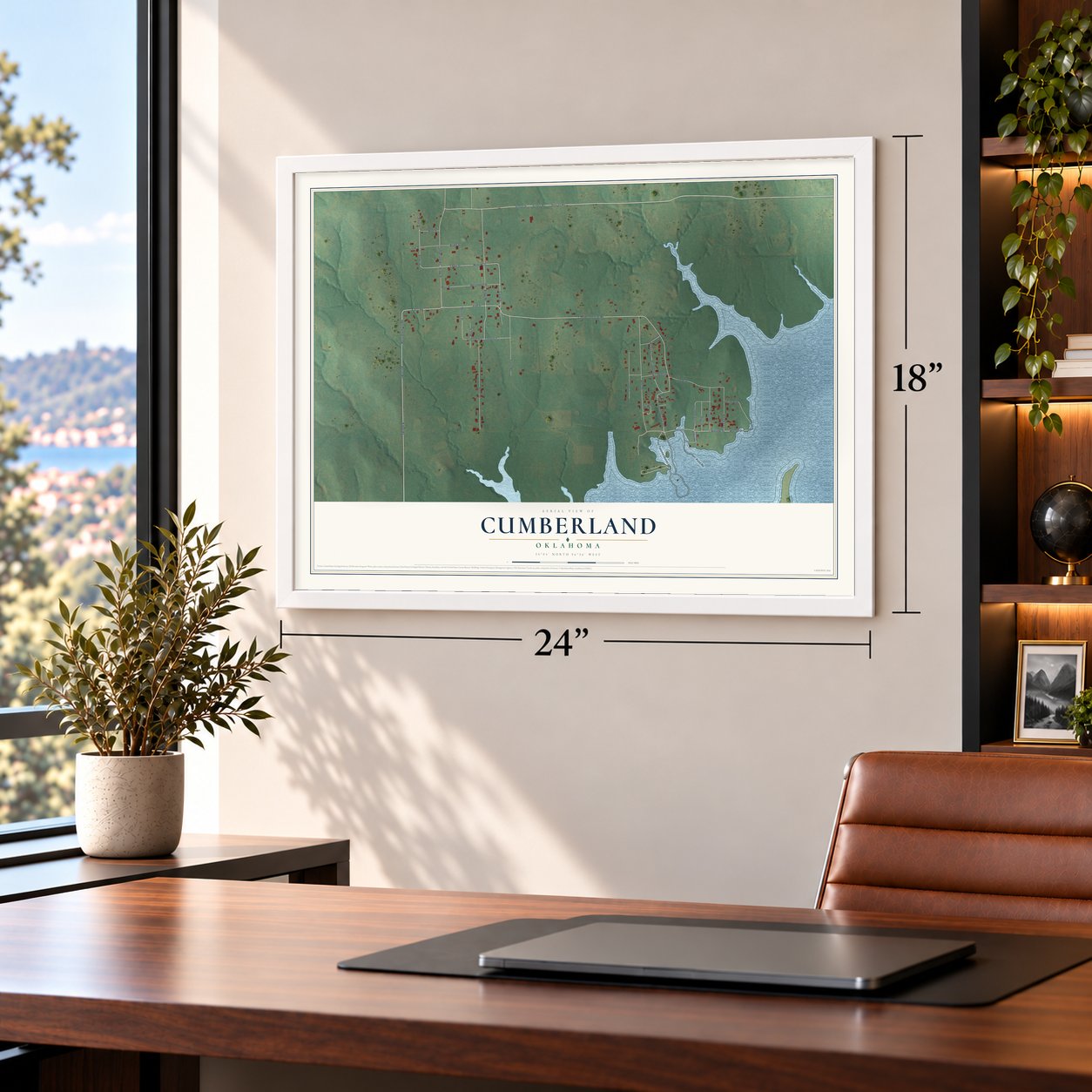 Cumberland, Oklahoma map, 18 x 24 inch print in a white frame in a home office