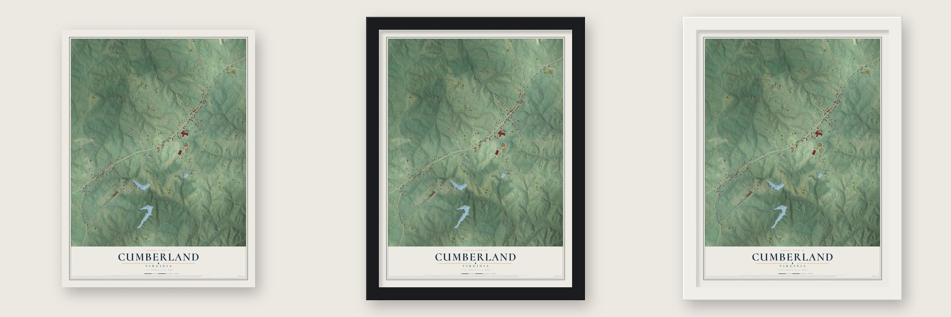 Cumberland, Virginia map unframed, in a black wood frame and in a white wood frame