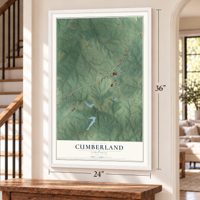 Cumberland, Virginia map, 24 x 36 inch print in a white frame by a staircase