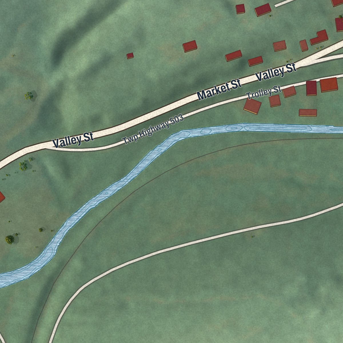 Second close-up of the map of Cumbola, Pennsylvania print showing more streets and buildings
