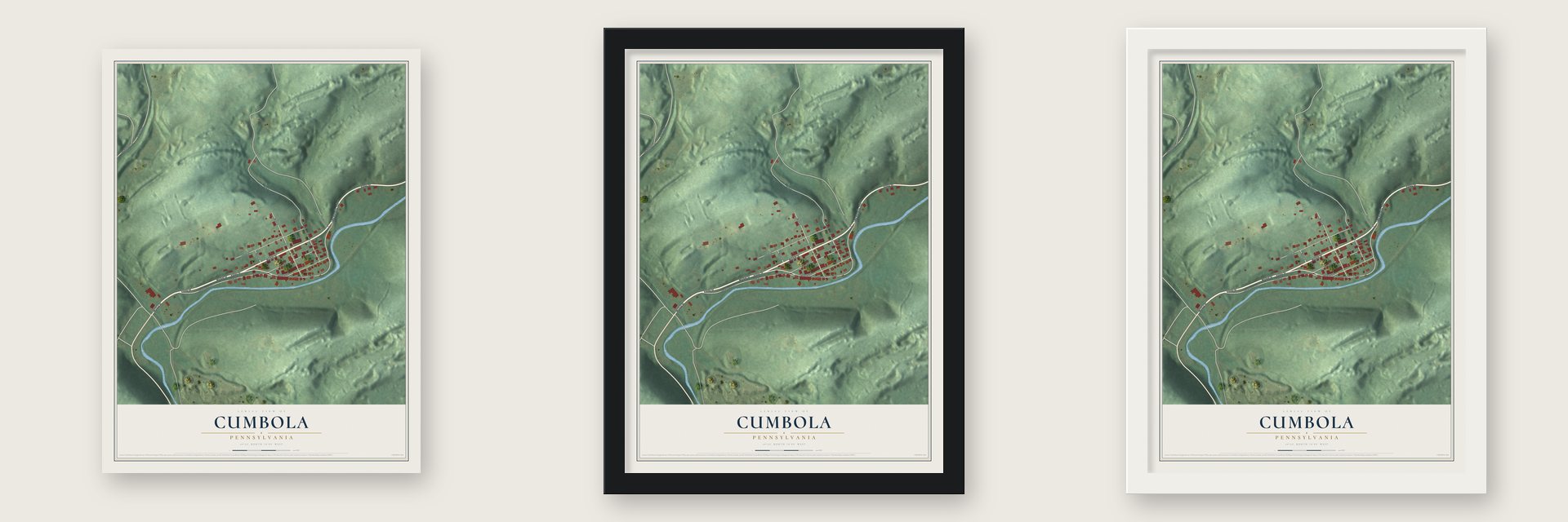 Cumbola, Pennsylvania map unframed, in a black wood frame and in a white wood frame