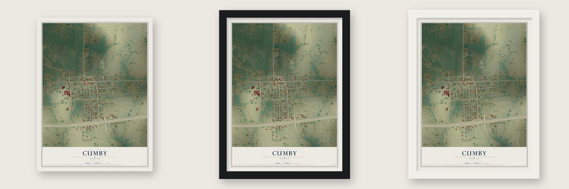 Cumby, Texas map unframed, in a black wood frame and in a white wood frame
