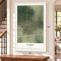 Cumby, Texas map, 24 x 36 inch print in a white frame by a staircase