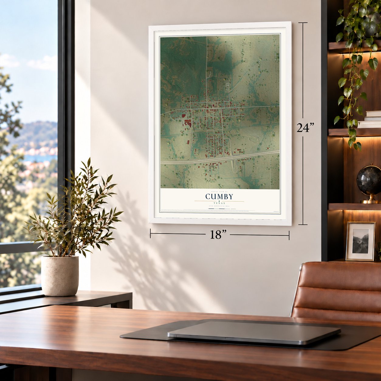 Cumby, Texas map, 18 x 24 inch print in a white frame in a home office