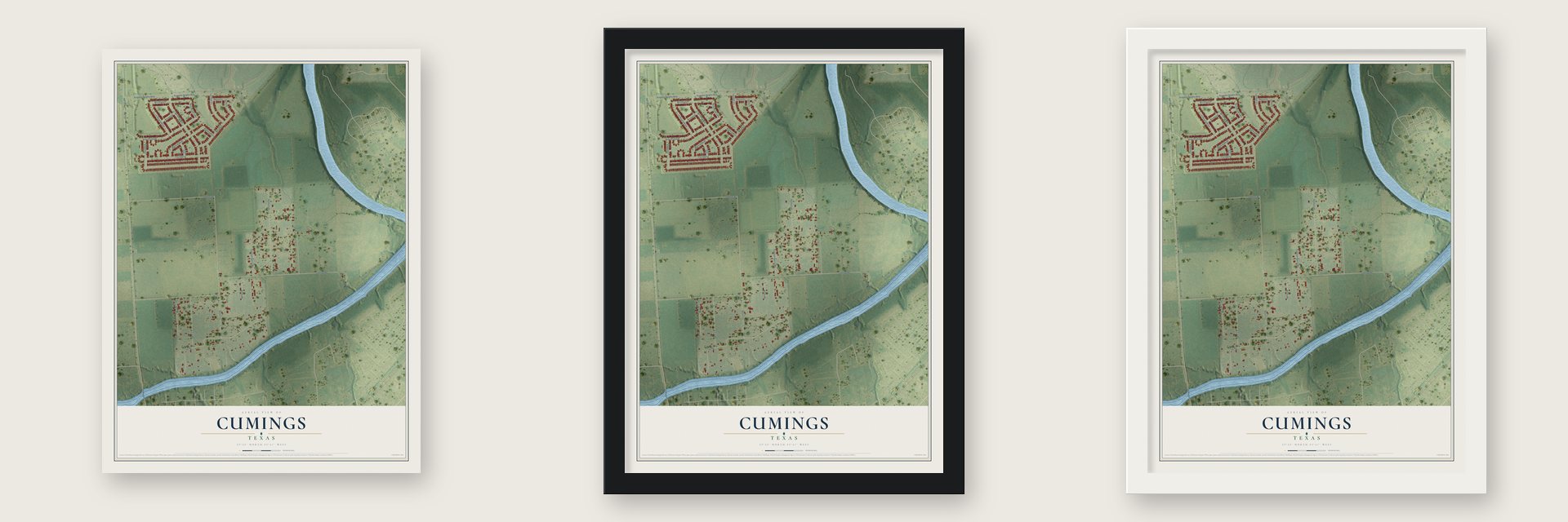 Cumings, Texas map unframed, in a black wood frame and in a white wood frame