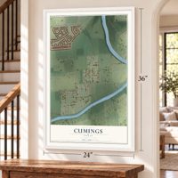 Cumings, Texas map, 24 x 36 inch print in a white frame by a staircase