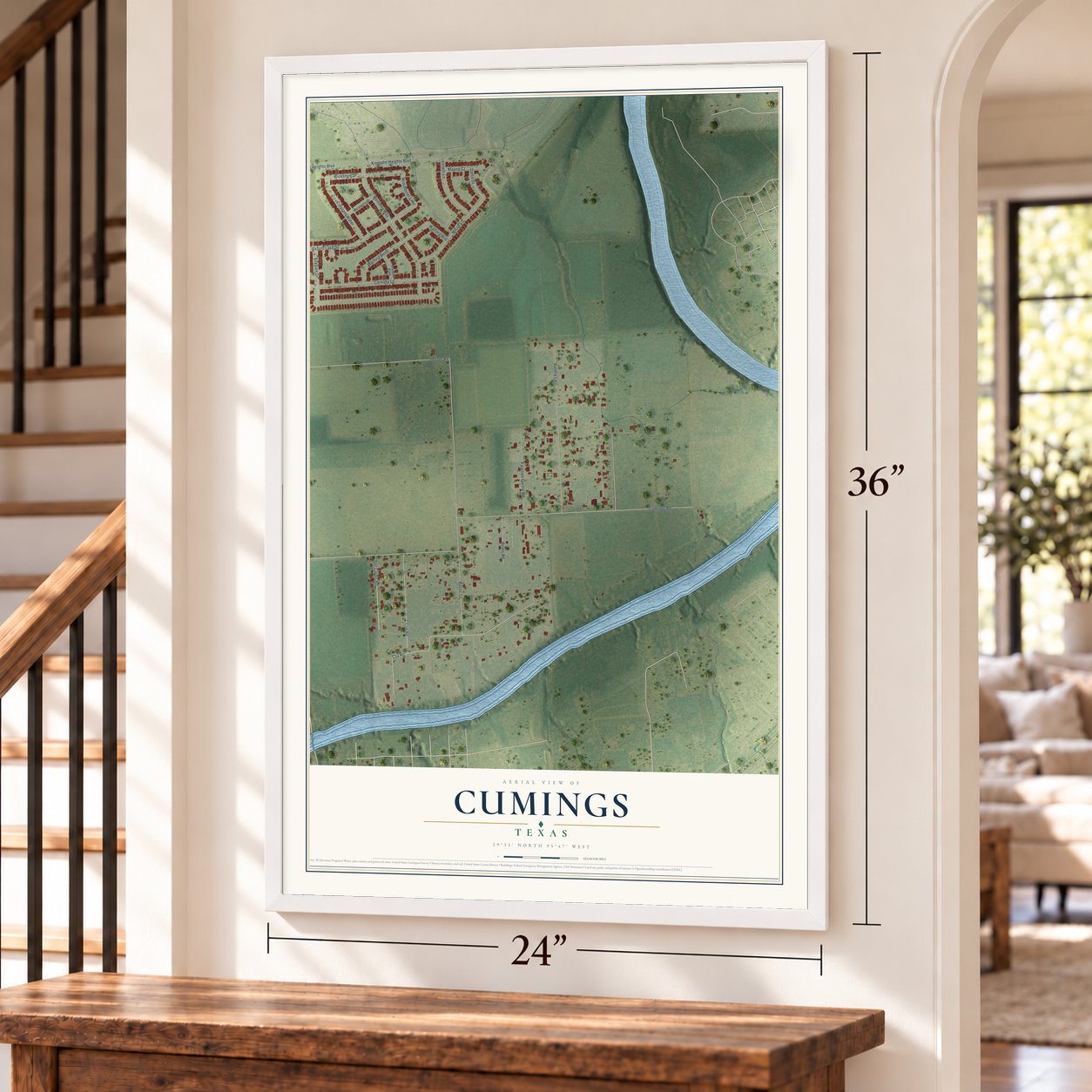 Cumings, Texas map, 24 x 36 inch print in a white frame by a staircase