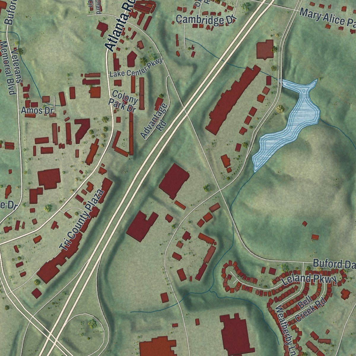 Second close-up of the map of Cumming, Georgia print showing more streets and buildings