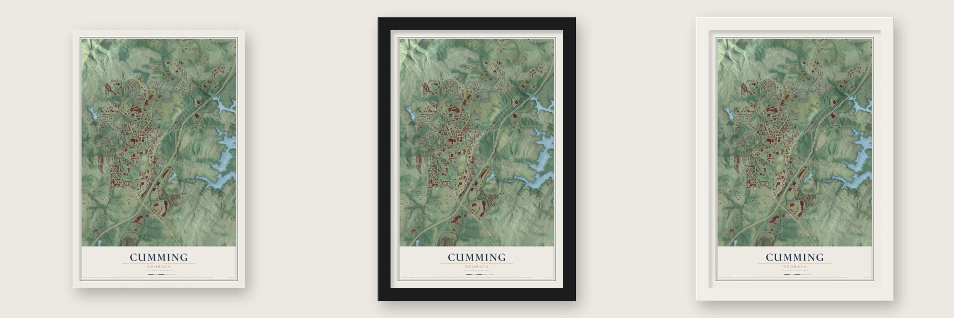 Cumming, Georgia map unframed, in a black wood frame and in a white wood frame