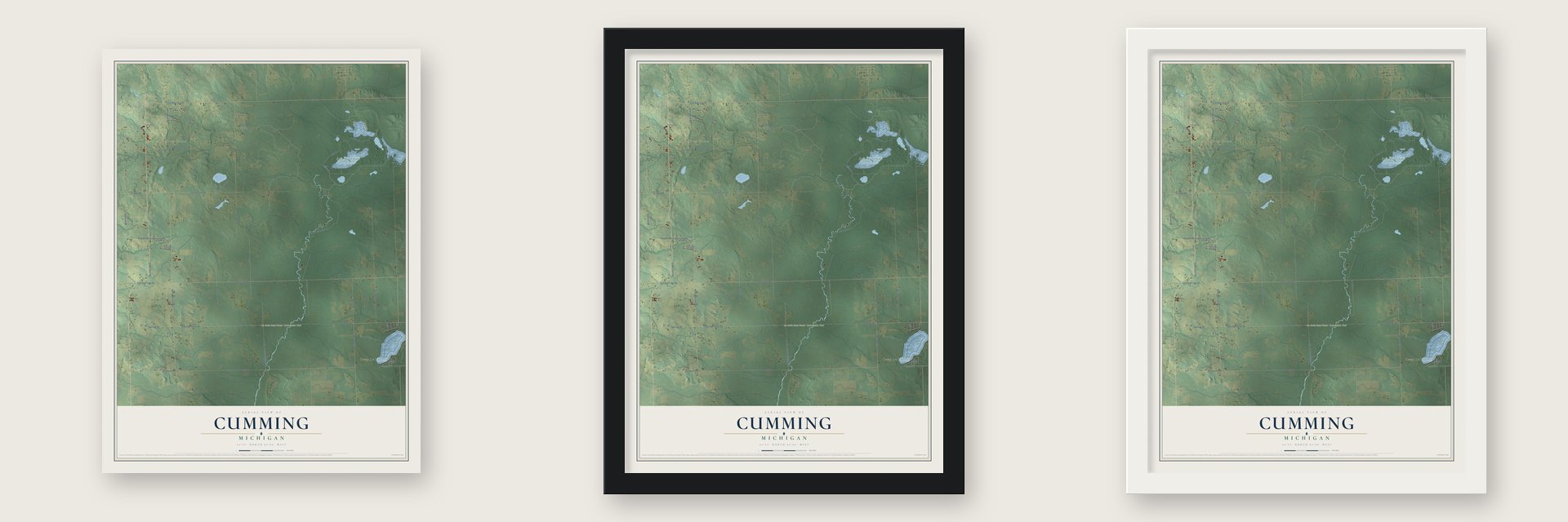 Cumming, Michigan map unframed, in a black wood frame and in a white wood frame