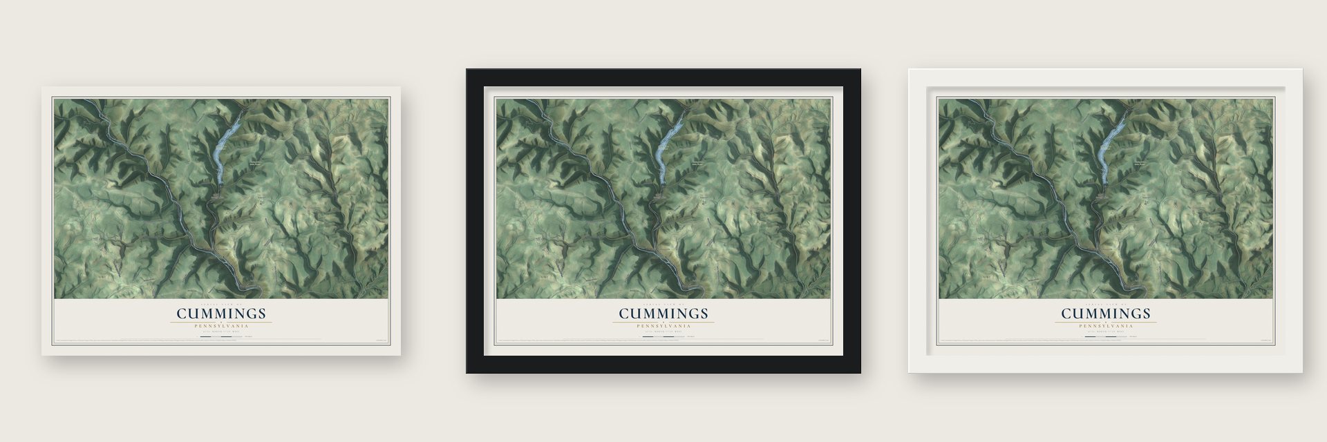 Cummings, Pennsylvania map unframed, in a black wood frame and in a white wood frame