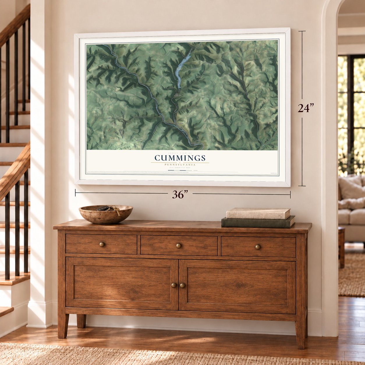 Cummings, Pennsylvania map, 24 x 36 inch print in a white frame above a dresser by a staircase