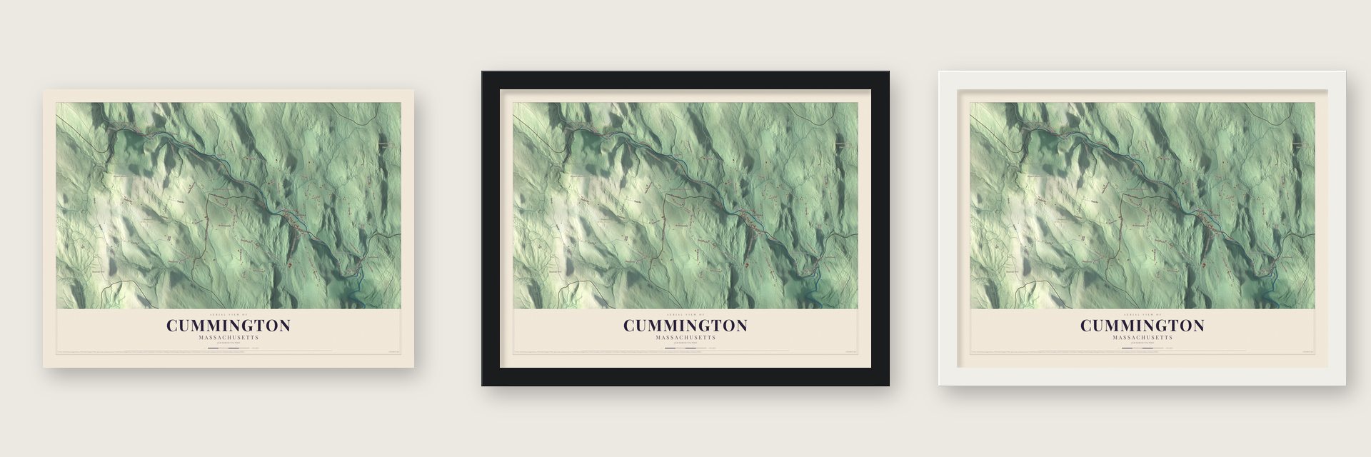 Cummington, Massachusetts map unframed, in a black wood frame and in a white wood frame