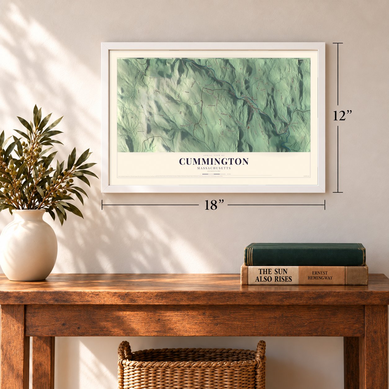 Cummington, Massachusetts map, 12 x 18 inch print in a white frame in an entryway