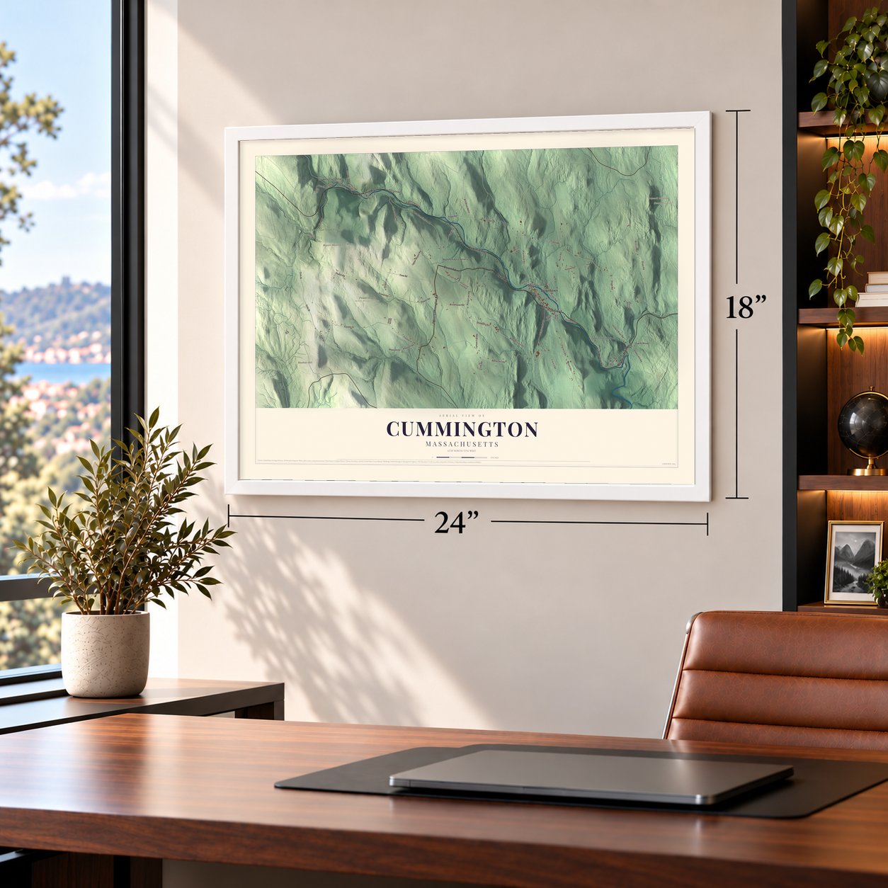 Cummington, Massachusetts map, 18 x 24 inch print in a white frame in a home office
