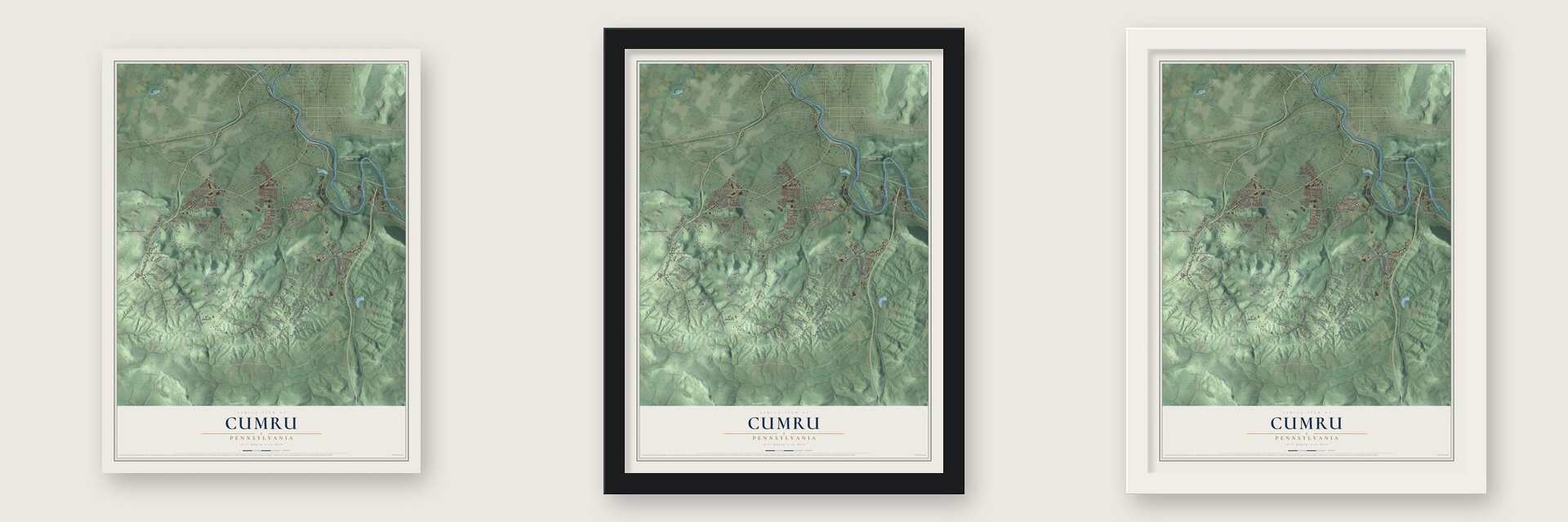 Cumru, Pennsylvania map unframed, in a black wood frame and in a white wood frame