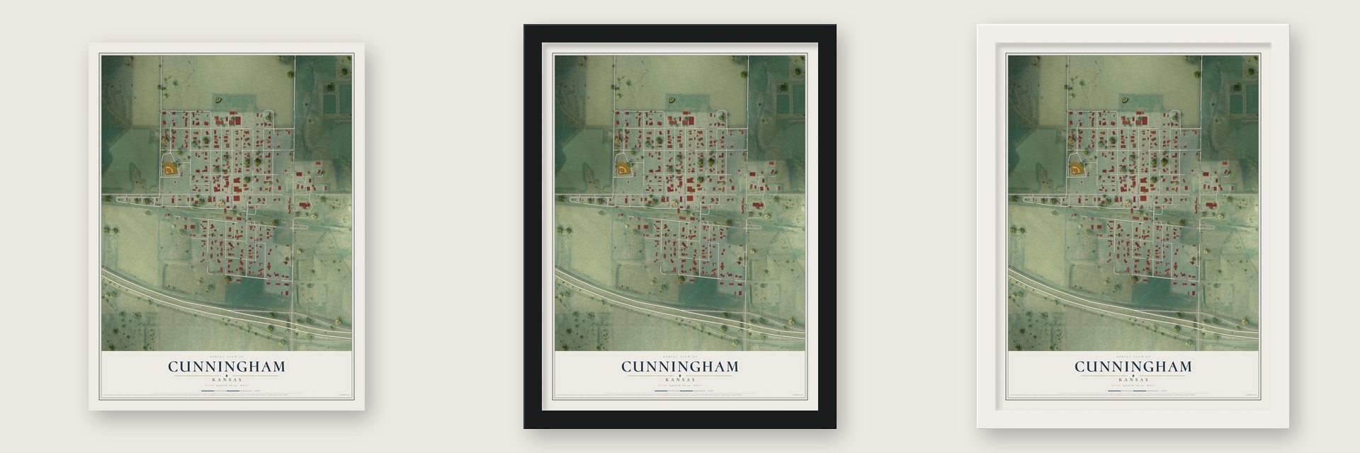 Cunningham, Kansas map unframed, in a black wood frame and in a white wood frame