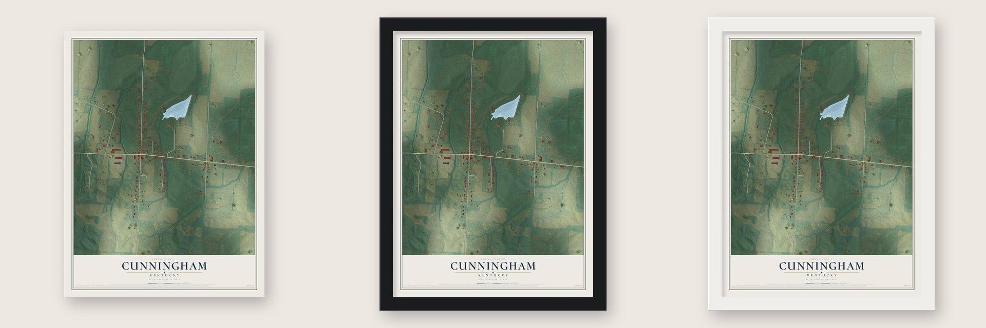 Cunningham, Kentucky map unframed, in a black wood frame and in a white wood frame