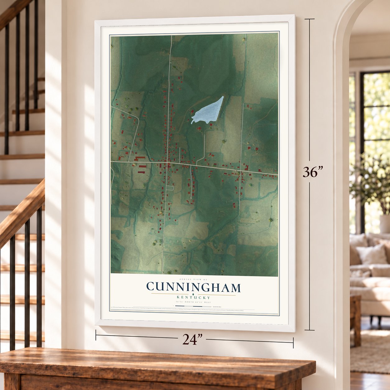 Cunningham, Kentucky map, 24 x 36 inch print in a white frame by a staircase