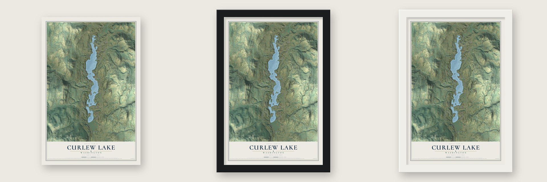 Curlew Lake, Washington map unframed, in a black wood frame and in a white wood frame