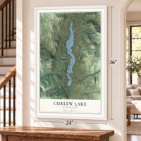 Curlew Lake, Washington map, 24 x 36 inch print in a white frame by a staircase