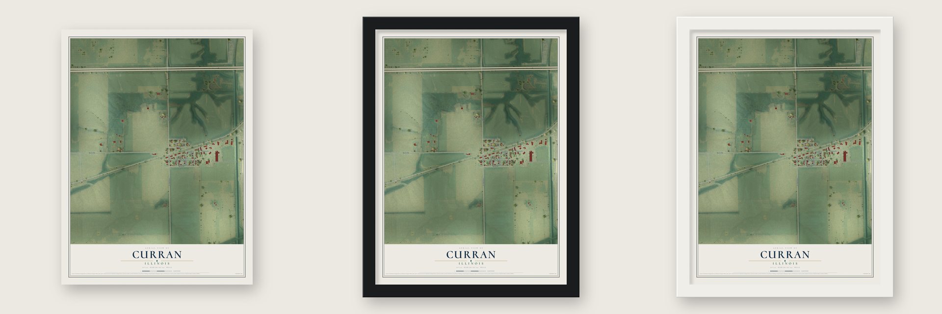 Curran, Illinois map unframed, in a black wood frame and in a white wood frame
