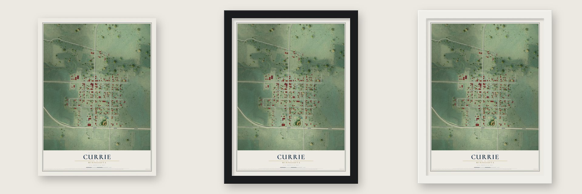 Currie, Minnesota map unframed, in a black wood frame and in a white wood frame