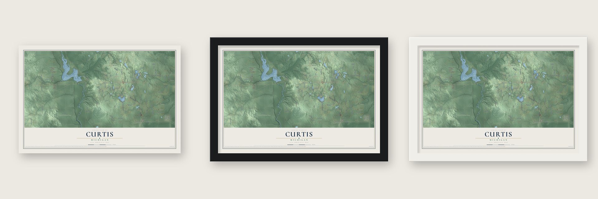 Curtis, Michigan map unframed, in a black wood frame and in a white wood frame