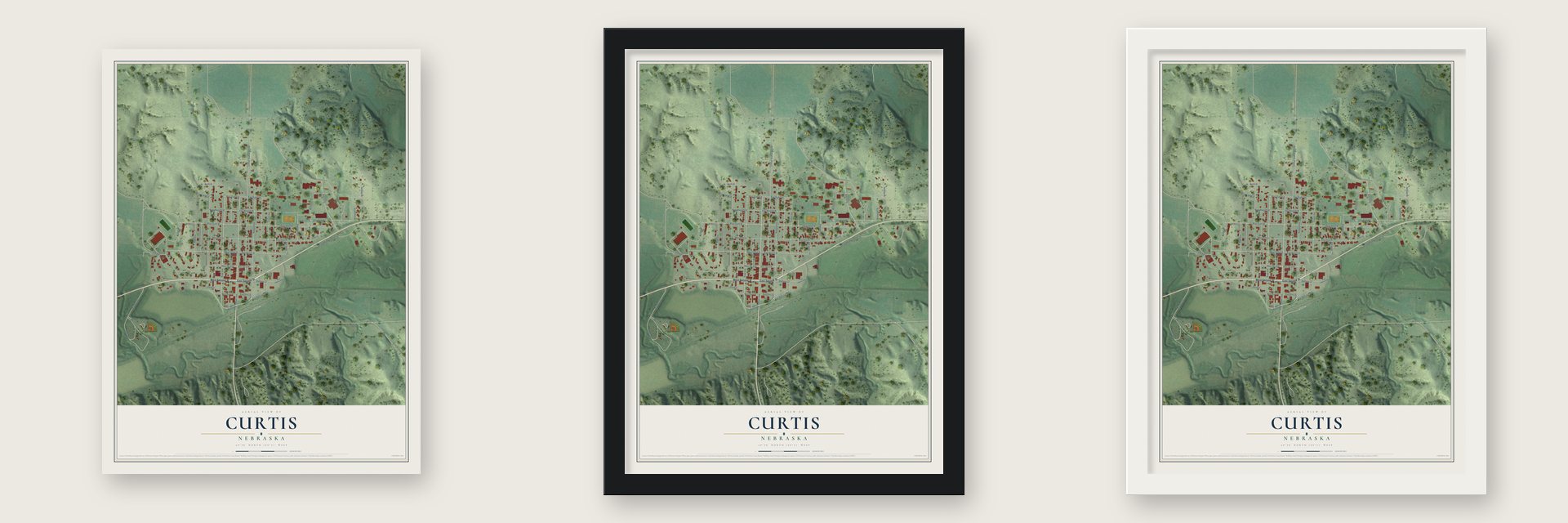 Curtis, Nebraska map unframed, in a black wood frame and in a white wood frame