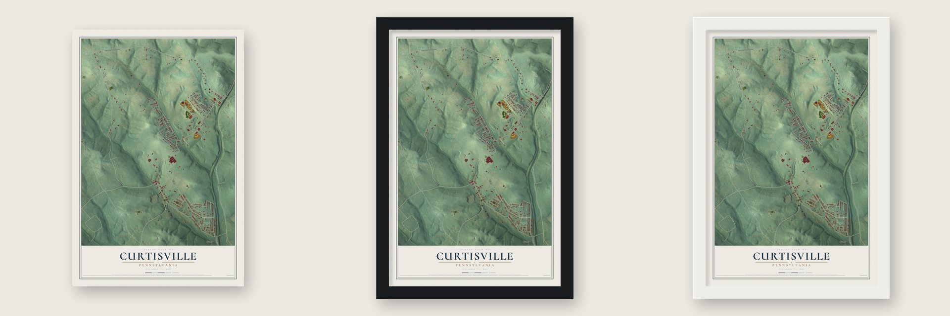 Curtisville, Pennsylvania map unframed, in a black wood frame and in a white wood frame