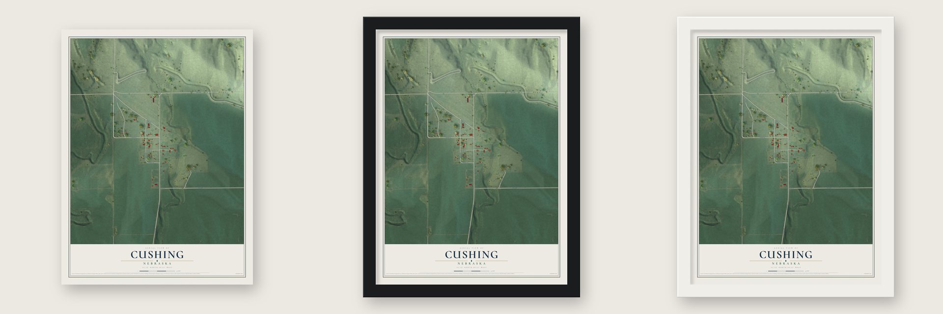 Cushing, Nebraska map unframed, in a black wood frame and in a white wood frame