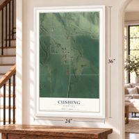 Cushing, Nebraska map, 24 x 36 inch print in a white frame by a staircase