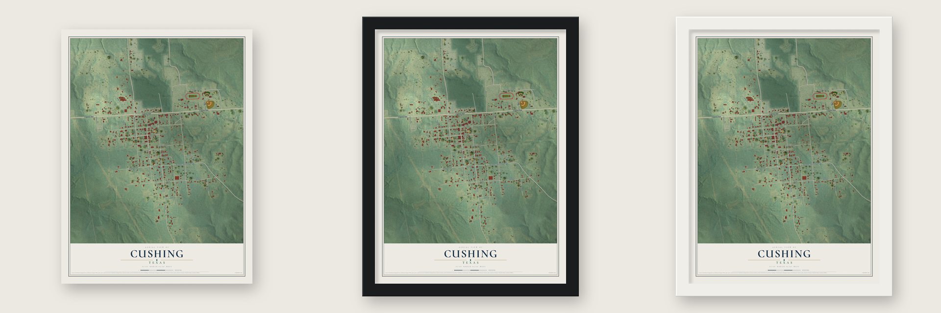 Cushing, Texas map unframed, in a black wood frame and in a white wood frame